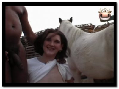 Horse cums in her mouth while boyfriend fuckes her from behind